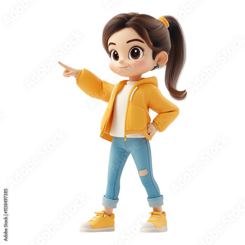 3D Standing Girl with a Pointing Finger Isolated on a Transparent Background, Ideal for Educational Materials, Instructional Content, or Character Illustrations