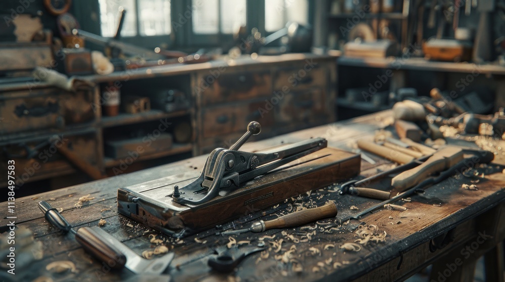 Antique woodworking tools on a cluttered workbench. Antique woodworking tools on a cluttered workbench.