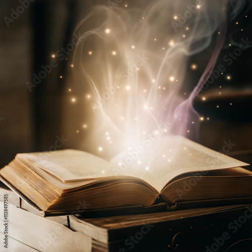 A book is open on a wooden table. The book is on the left side of the table