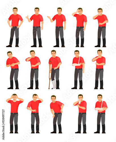 Set of guy with different diseases. Pain abdomen, head or limbs. Worker in overalls. Fun cartoon style. object isolated on white background. Vector Character standing.