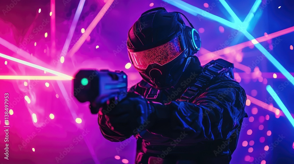 Futuristic Soldier in Dark Armor Aiming Laser Gun Under Colorful Neon Lights with High-Tech Visor in a Dynamic Sci-Fi Environment Futuristic Soldier in Dark Armor Aiming Laser Gun Under Colorful Neon Lights with High-Tech Visor in a Dynamic Sci-Fi Environment