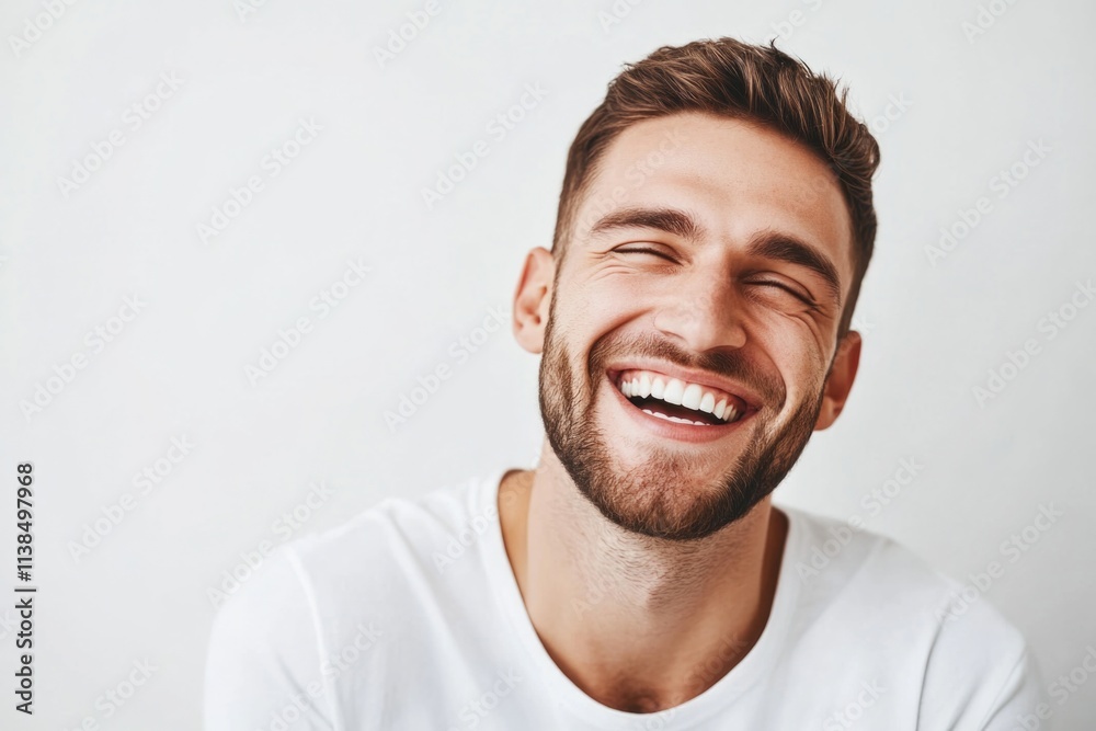 A man with a long beard is smiling, wearing a white shirt A man with a long beard is smiling, wearing a white shirt