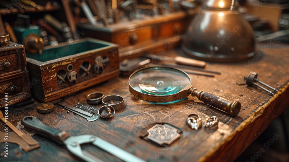 Antique jeweler's workbench with tools and magnifying glass. Antique jeweler's workbench with tools and magnifying glass.