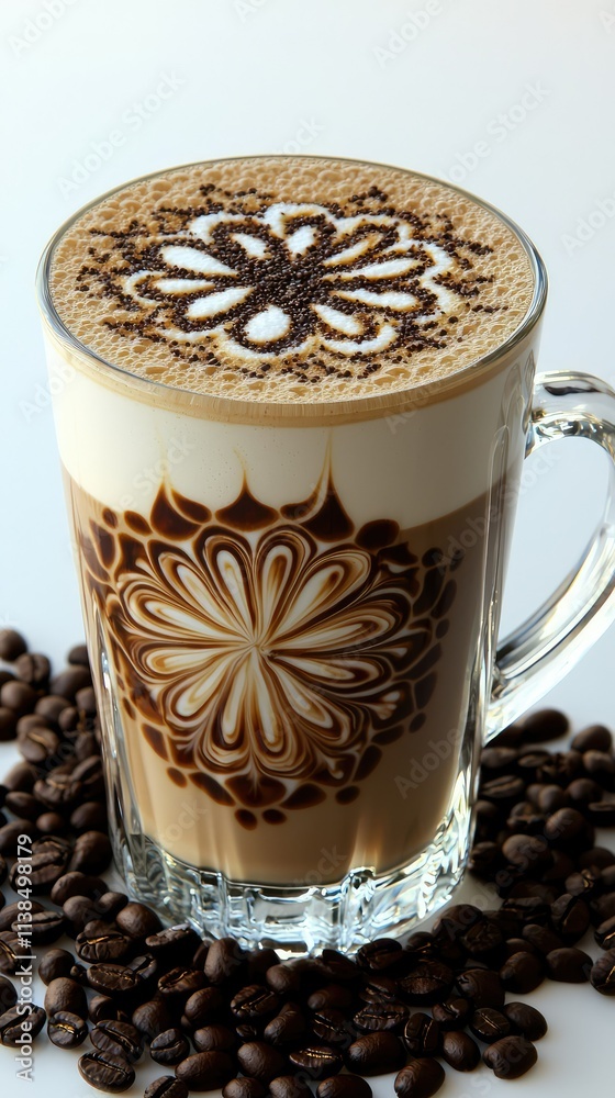 Exquisite Coffee Latte Art with Intricate Design in a Clear Mug Surrounded by Dark Coffee Beans on a Light Background Exquisite Coffee Latte Art with Intricate Design in a Clear Mug Surrounded by Dark Coffee Beans on a Light Background