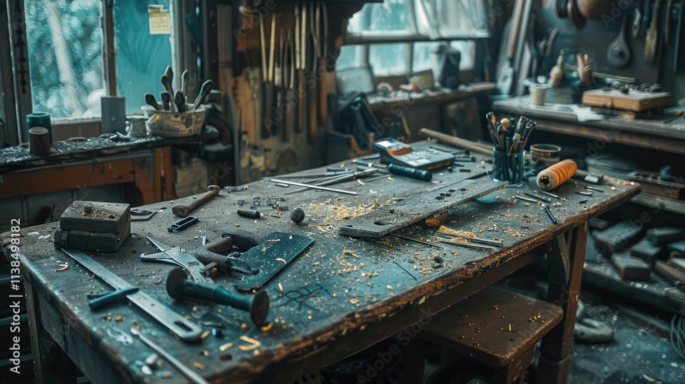 Messy woodworking workshop workbench with tools and wood shavings. Messy woodworking workshop workbench with tools and wood shavings.