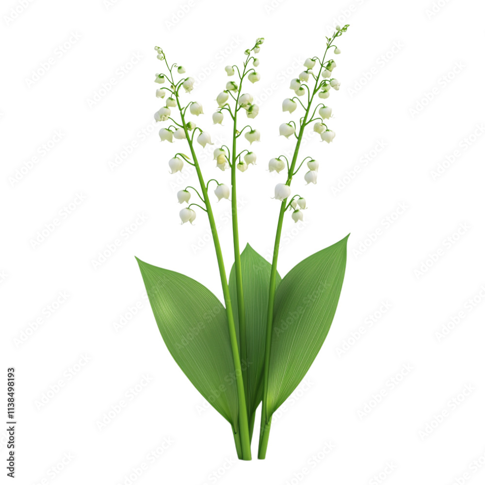 Fototapeta premium Three elegant stems of fresh Lily of the Valley display their characteristic white bell flowers, digitally isolated on a bright transparent