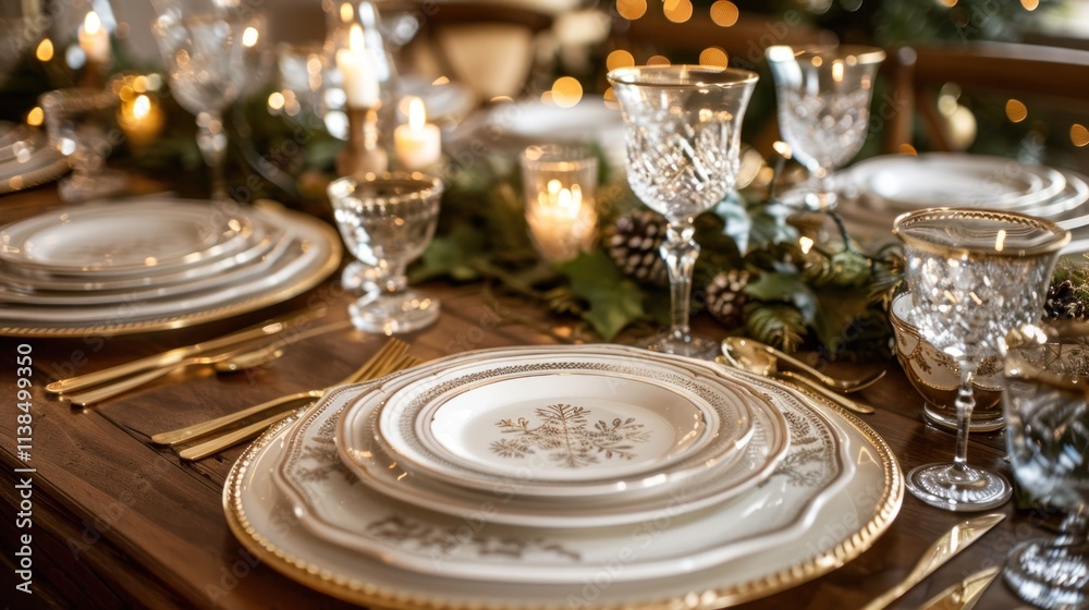 Naklejka premium Elegant Christmas dinner table setting with gold-rimmed plates, crystal glasses, candles, and greenery.