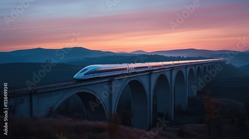 A high-speed train crossing a large arch bridge at twilight, with the train sleek body reflecting the soft hues of the setting sun