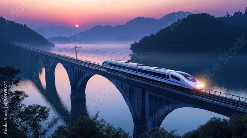 A high-speed train crossing a large arch bridge at twilight, with the train sleek body reflecting the soft hues of the setting sun