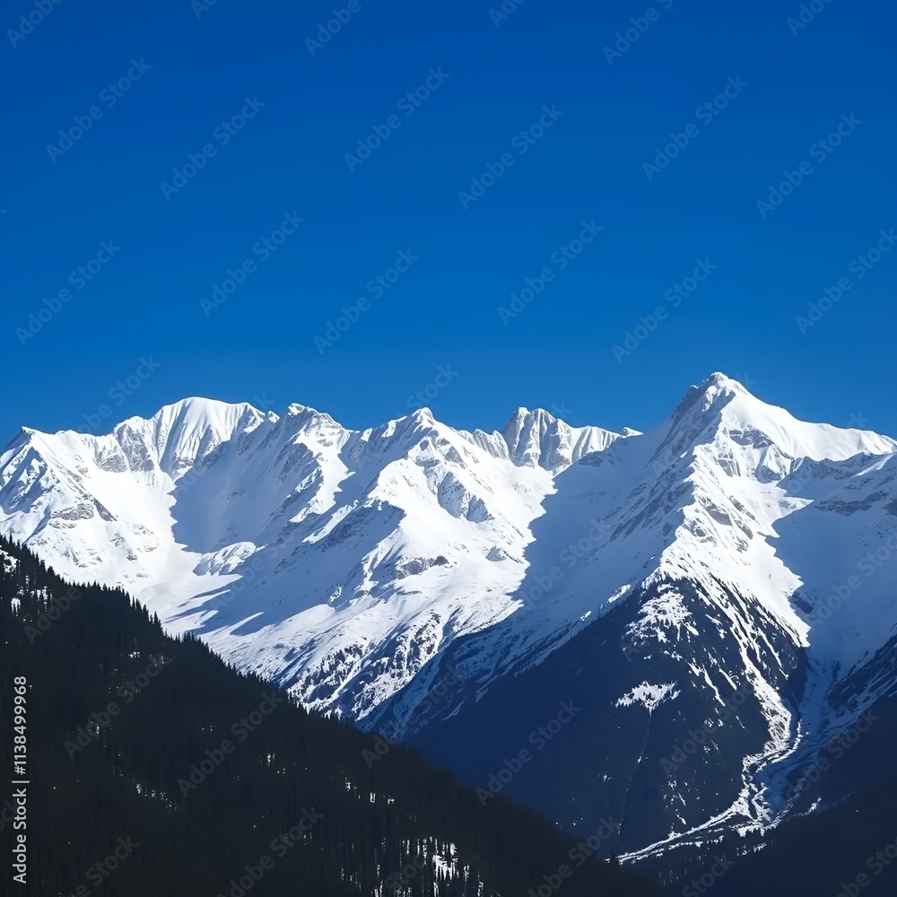 Fototapeta premium Majestic Snow-Capped Mountain Range in Vibrant Blue Winter Atmosphere [with copy space]