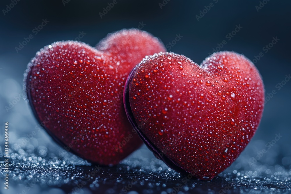Fototapeta premium A pair of bright red hearts sitting on a snowy surface, perfect for winter or Valentine's Day themes
