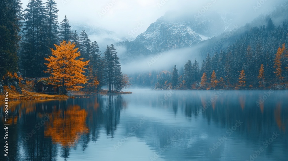 Fototapeta premium Serene autumn landscape with vibrant trees reflecting in a tranquil lake amidst misty mountains.