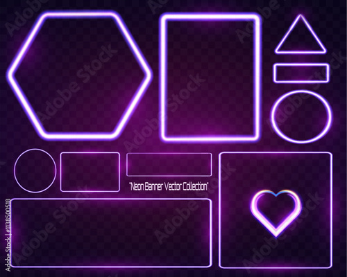 Neon banner vector collection featuring glowing purple neon shapes including hexagon, rectangle, triangle, circle, heart, and other frames on dark transparent background.