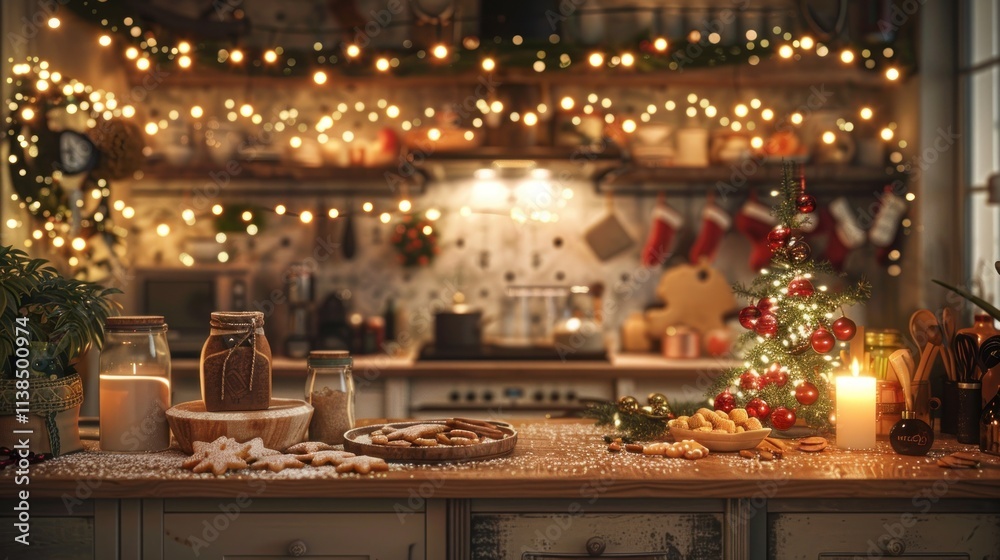 Fototapeta premium Cozy Christmas kitchen with cookies, lights, and tree.