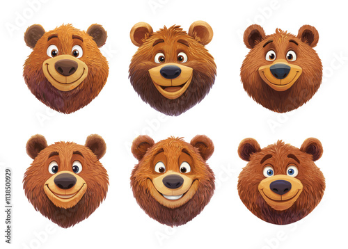 Bear heads cartoon vector set. Smiling brown fluffy cute grizzly animal avatars, wild creature forest character funny portraits, isolated illustration on white background