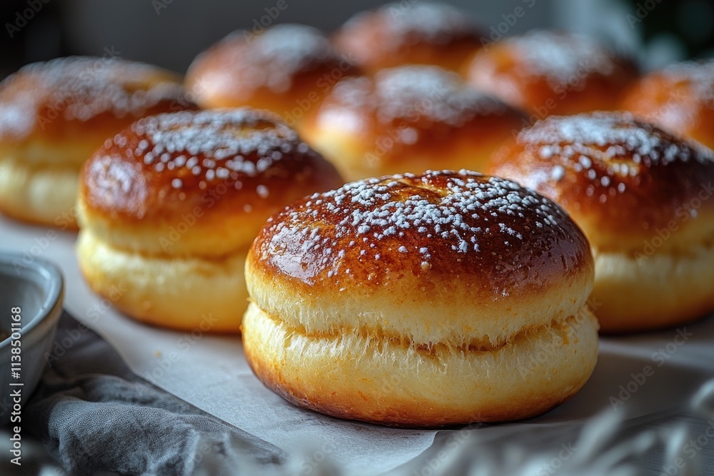 Freshly baked doughnuts arranged on a table, perfect for a bakery display or coffee shop promotion Freshly baked doughnuts arranged on a table, perfect for a bakery display or coffee shop promotion