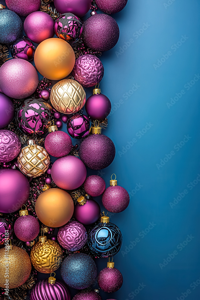 Elegant Christmas Baubles Display in Pink and Gold Shades. A beautiful arrangement of colorful, shiny, and textured ornaments set against a bold blue background for a festive look.
Elegant Christmas Baubles Display in Pink and Gold Shades. A beautiful arrangement of colorful, shiny, and textured ornaments set against a bold blue background for a festive look.