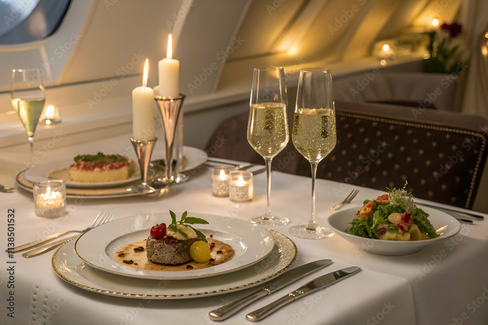 Fototapeta premium Elegant in-flight dining experience with gourmet dishes, candles, and champagne, set against a luxurious backdrop.