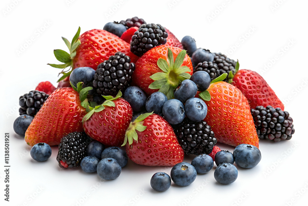 A vibrant assortment of fresh berries, including strawberries, blueberries, and blackberries, piled together against a clean background. A vibrant assortment of fresh berries, including strawberries, blueberries, and blackberries, piled together against a clean background.