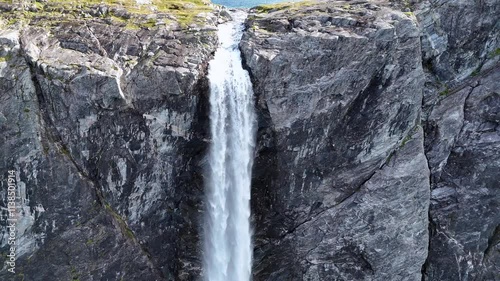Aerial shot of Mardalsfossen in Norway. Big waterfall in Norway. 4K.