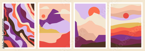 Abstract contemporary aesthetic backgrounds with mountains, desert, sand dunes and sun. Boho landscape set.