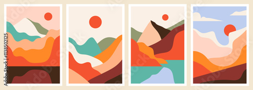 Abstract contemporary aesthetic backgrounds with mountains, desert, sand dunes and sun. Boho landscape set.