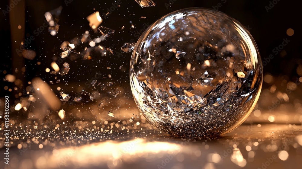 Shattered glass sphere floating midair abstract art studio setting dynamic composition surreal concept