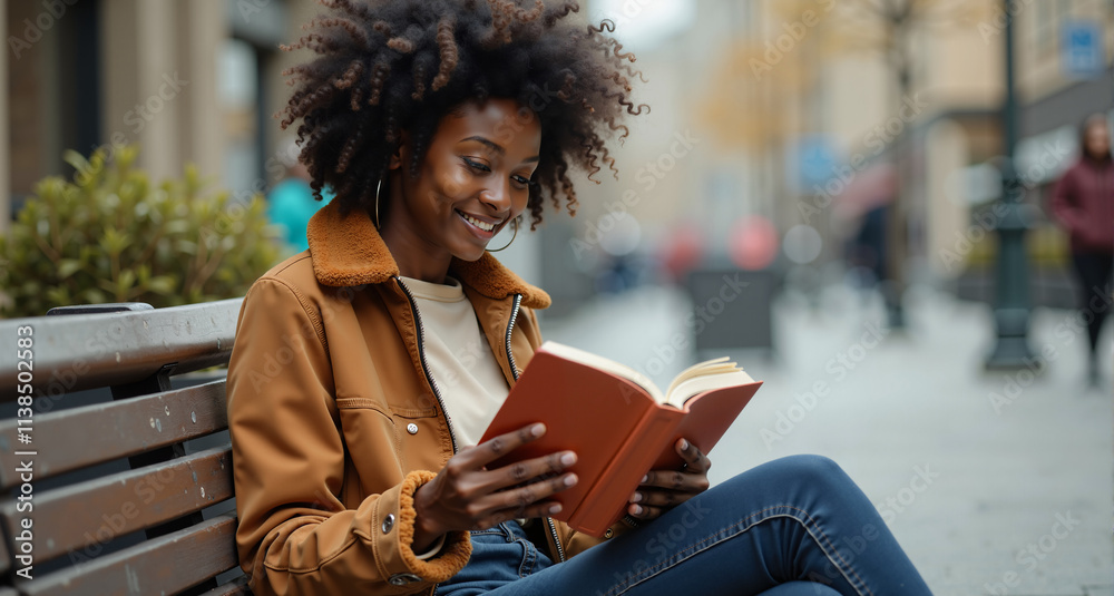 An African-American young person sitting on a city bench, reading a book while wearing stylish clothes. peaceful engagement with urban life, combining style and intellect. An African-American young person sitting on a city bench, reading a book while wearing stylish clothes. peaceful engagement with urban life, combining style and intellect.