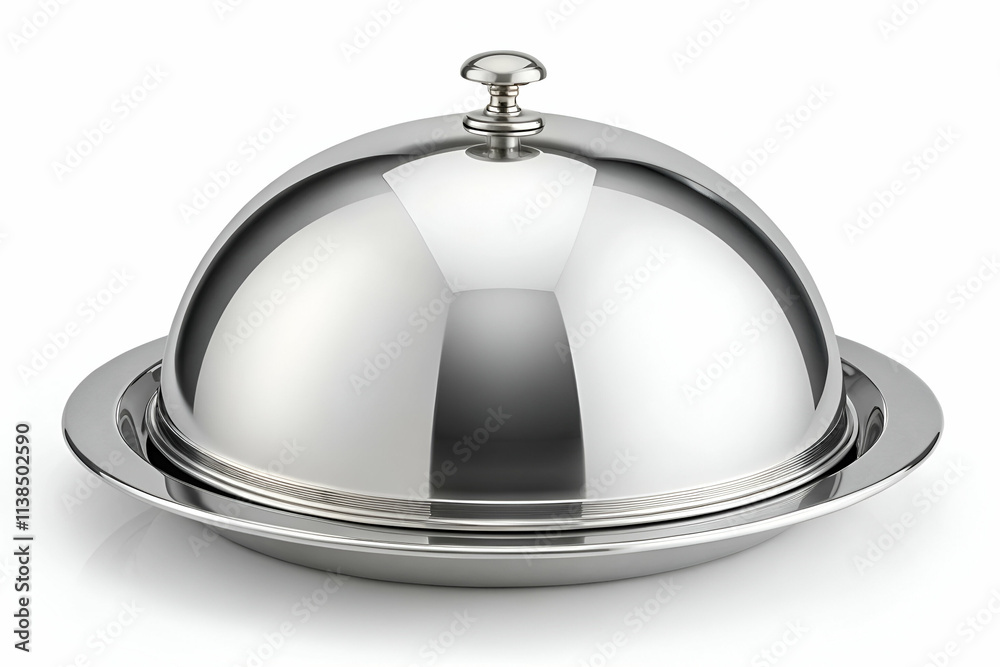 A polished silver serving dome on a platter, ideal for presenting gourmet dishes at upscale dining events. A polished silver serving dome on a platter, ideal for presenting gourmet dishes at upscale dining events.