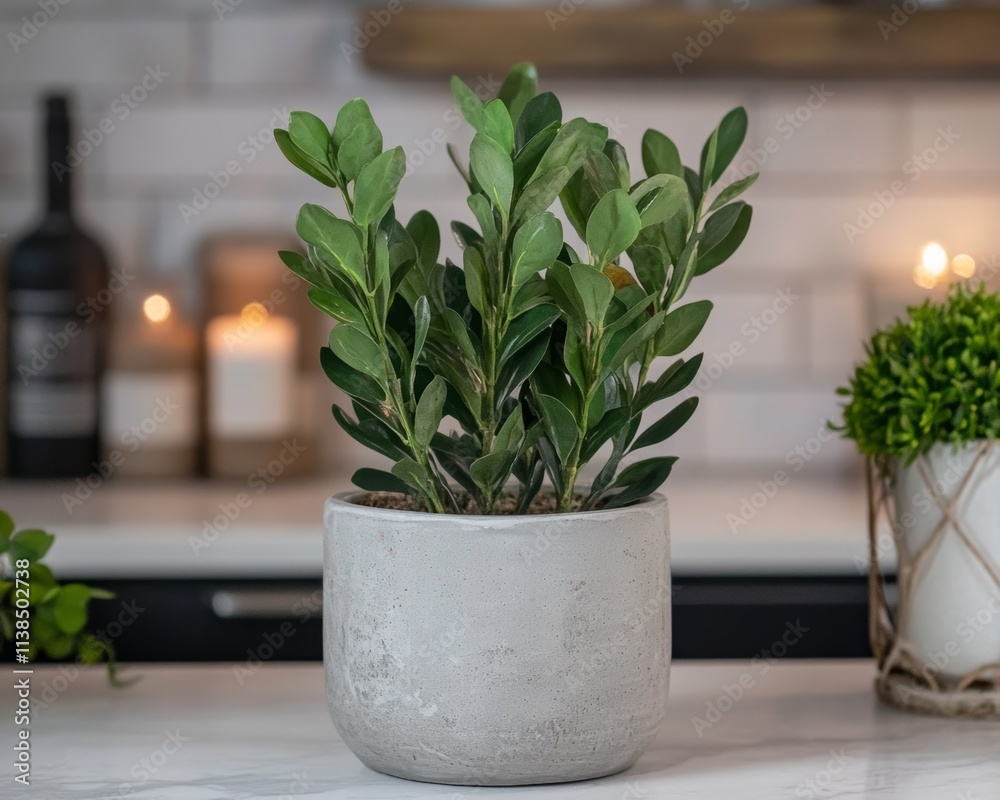 Green Plant in Concrete Pot on Kitchen Counter Green Plant in Concrete Pot on Kitchen Counter