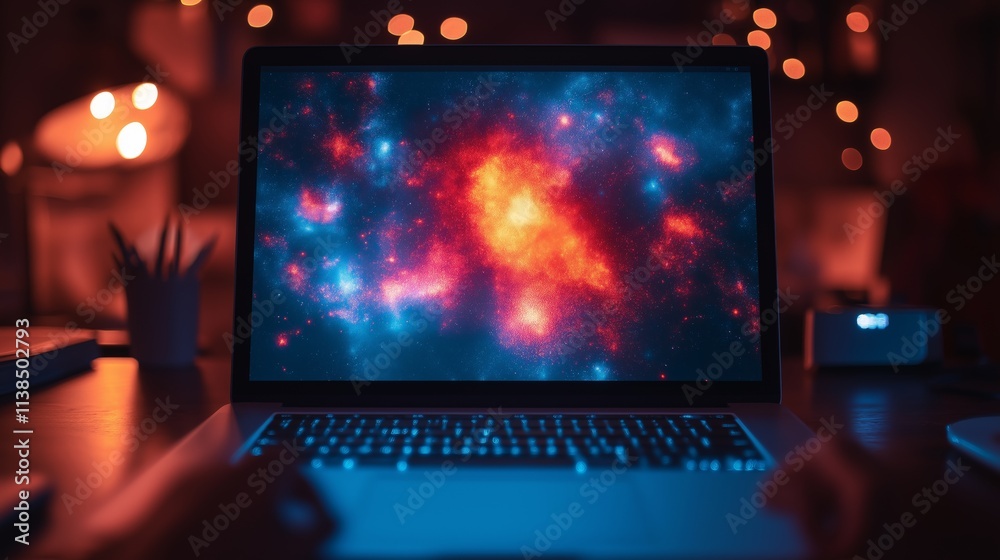 A laptop screen displays a vibrant galaxy image in a dimly lit room, symbolizing AI technology, creativity, and the vast possibilities of the digital world A laptop screen displays a vibrant galaxy image in a dimly lit room, symbolizing AI technology, creativity, and the vast possibilities of the digital world