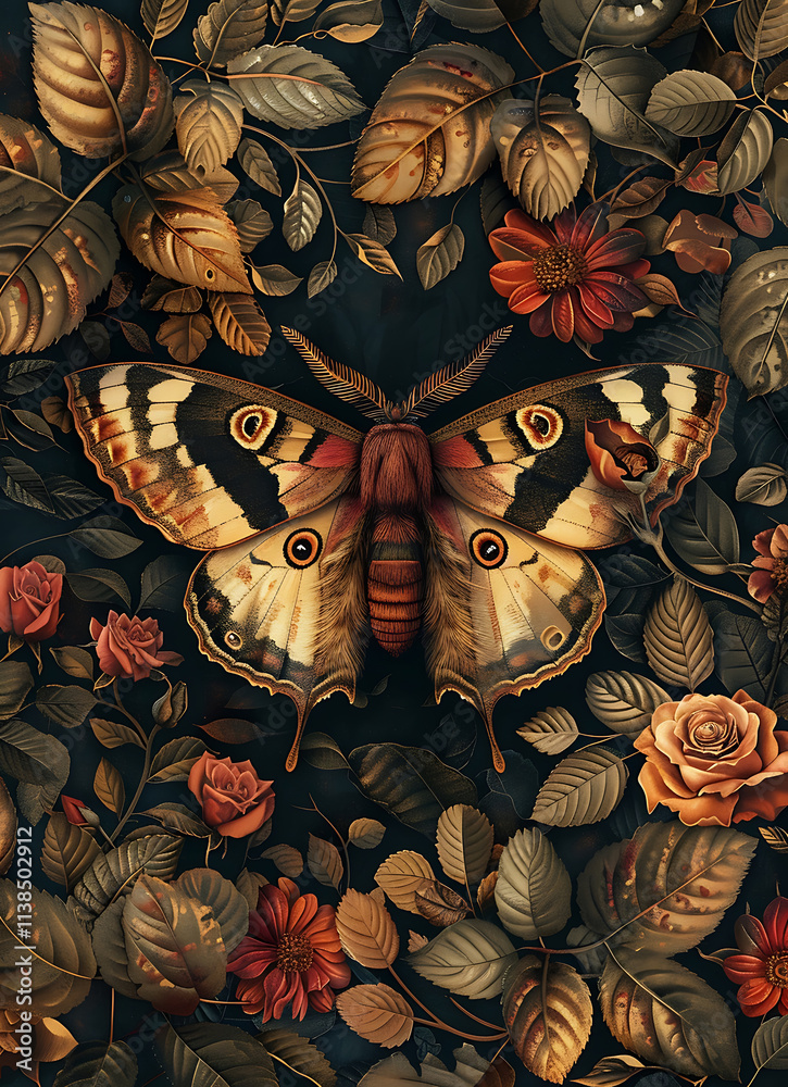 Fototapeta premium Colorful Butterfly Among Floral Leaves and Roses