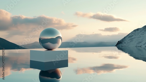 Fototapeta Naklejka Na Ścianę i Meble -  Surreal fusion of cube and sphere tranquil lake 3d art serene landscape wide-angle view abstract concept