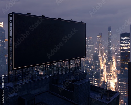 Large dark billboard on urban rooftop with night cityscape