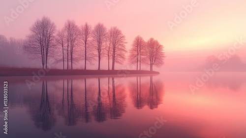 Serene landscape at dawn with silhouetted trees reflecting on a calm lake.