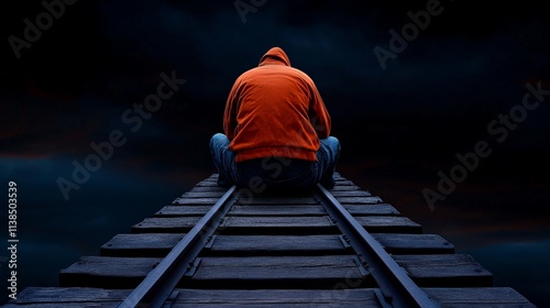 Solitude on the Tracks: A solitary figure, shrouded in a red hoodie, sits on a weathered railroad track, facing an uncertain future. The dark. photo