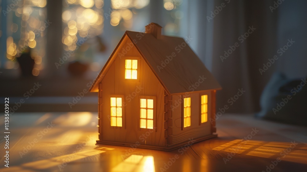 Illuminated wooden house model on table. Illuminated wooden house model on table.