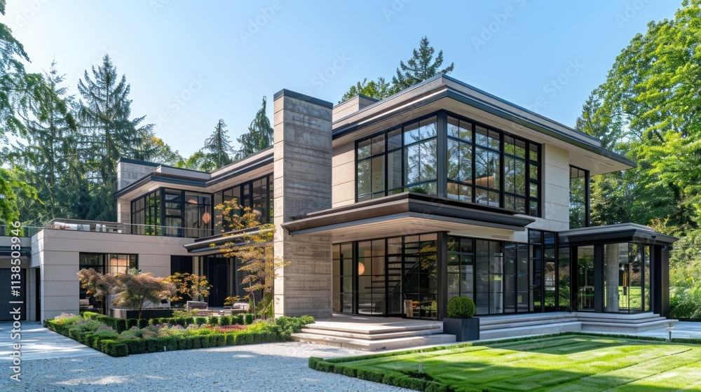Modern luxury home exterior with large windows, stone facade, and landscaped yard. Modern luxury home exterior with large windows, stone facade, and landscaped yard.