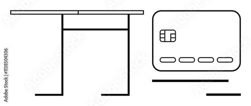 Desk with clean lines and a credit card alongside to represent modern financial transactions. Ideal for fintech, banking, workspace, e-commerce, minimalism, modern design, business. Line metaphor