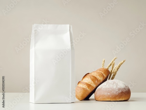 A minimalist display featuring a blank white bag alongside freshly baked bread, highlighting the simplicity and elegance of bakery products. photo