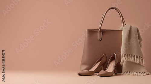 Elegant mocha mousse handbag with matching heels and scarf on neutral background