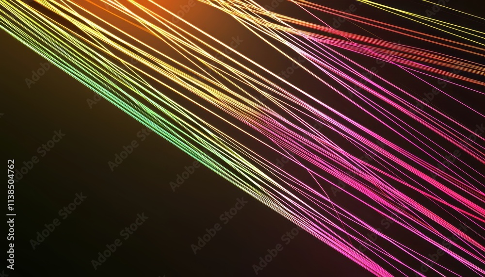 Obraz premium Abstract geometric lines in vibrant neon pink, orange, and green on a black background symbolizing modern digital aesthetics and futuristic design