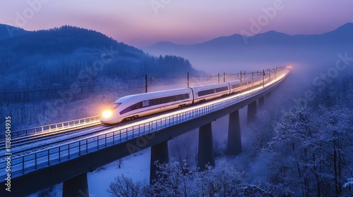 Wallpaper Mural A high-speed train crossing a snowy bridge at dusk, with the soft glow of the train headlights illuminating the white landscape around it Torontodigital.ca