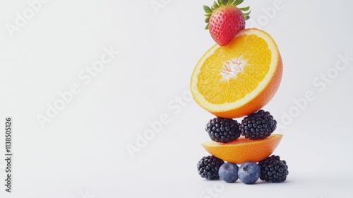 A colorful stack of fruit with a strawberry on top, great for food and beverage themed images photo