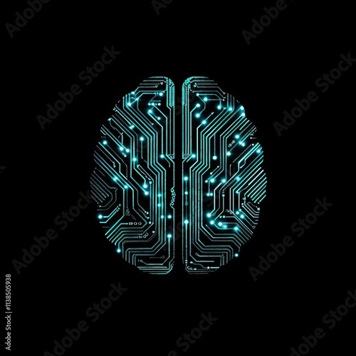 human brain made from circuit board with light blue 
