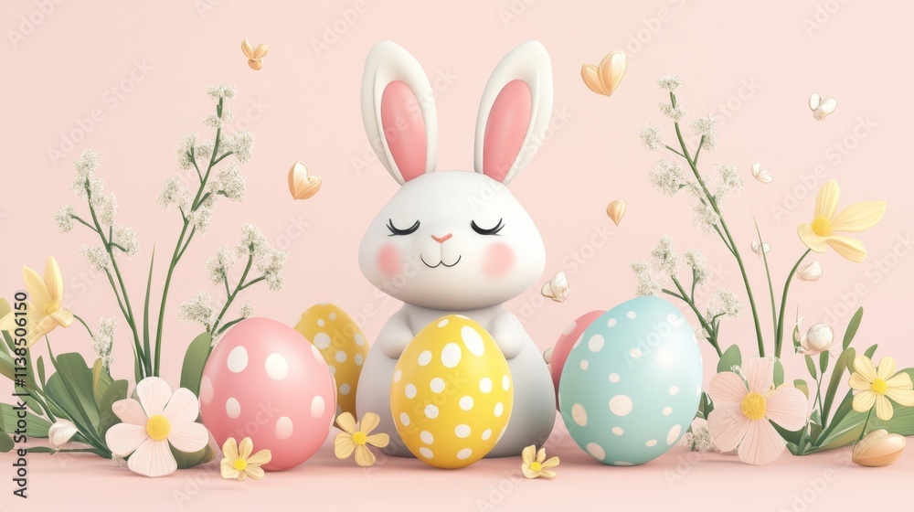 Charming Easter Bunny Surrounded by Colorful Polka Dot Eggs and Spring Flowers Charming Easter Bunny Surrounded by Colorful Polka Dot Eggs and Spring Flowers