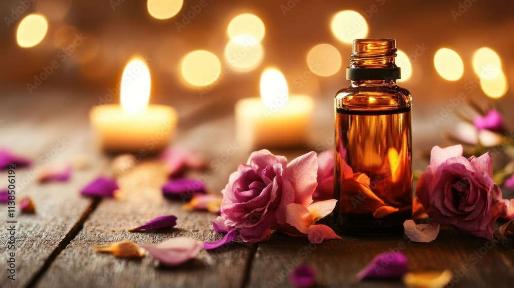 Aromatherapy Essential Oil Bottle with Candles and Rose Petals