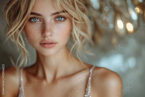 Portrait of a woman with blonde hair and blue eyes, looking directly at the camera