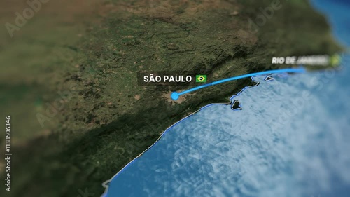 3D animated map showcasing a flight route from Rio de Janeiro to São Paulo. Perfect for travel videos, tourism projects, and corporate presentations.