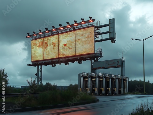 Shiny steel billboard near highway toll gate in overcast weather photo